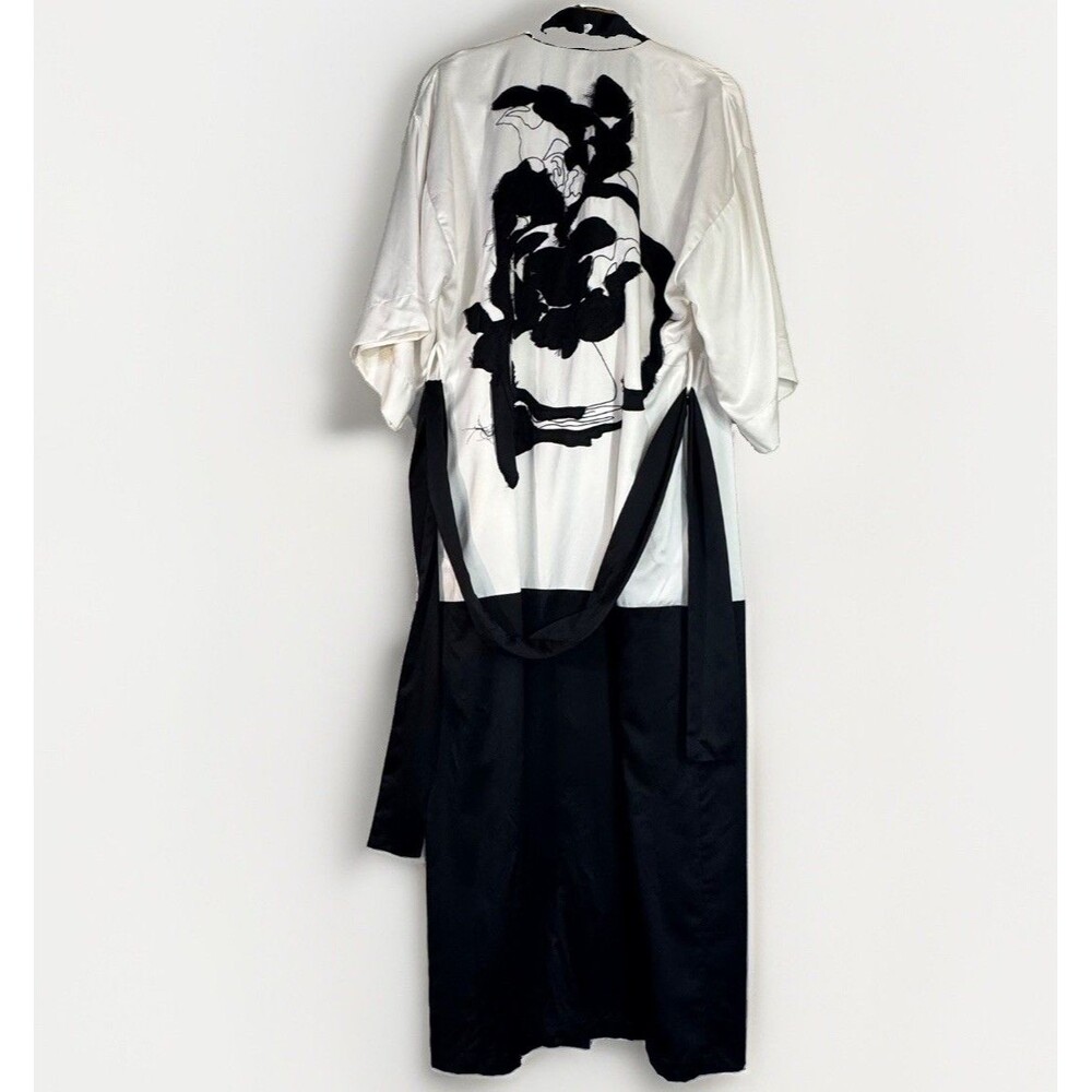 VTG Natori Robe Floral Calligraphy 3D Art Colorblock Long Satin Kimono Women S/M